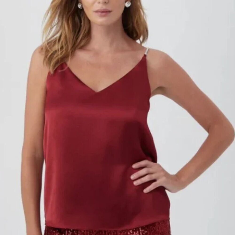 Trina Turk Sella Satin Rhinestone Strap Tank Top Womens Small Red Cami Blouse